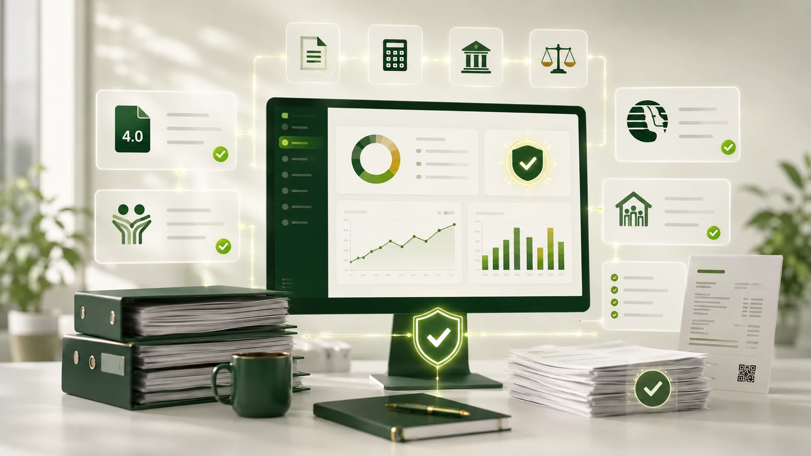 Vista editorial de cumplimiento fiscal y laboral con CFDI, ISR, IMSS e Infonavit integrados.
