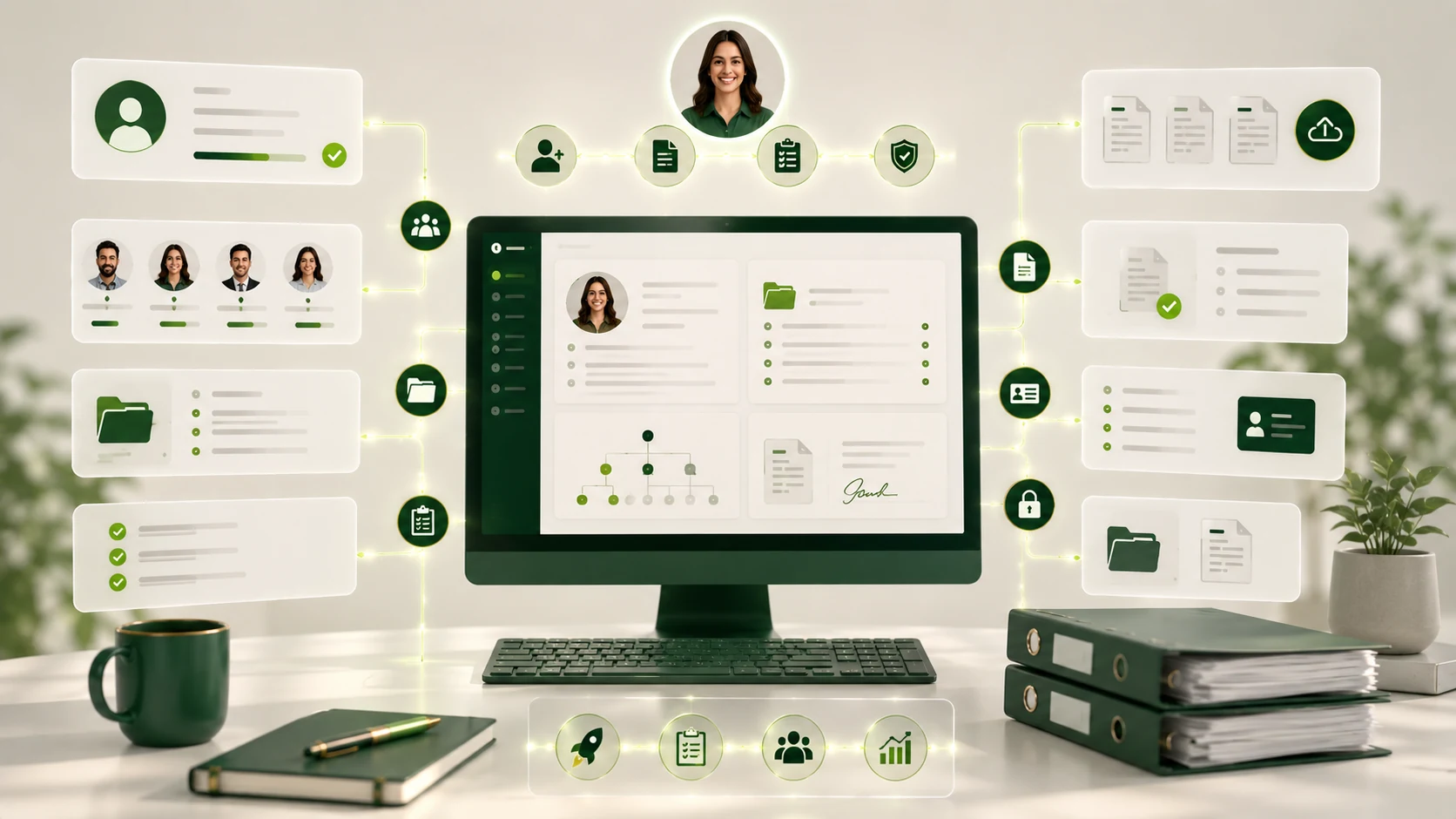 Vista editorial de onboarding, expediente digital y datos laborales en una sola plataforma.